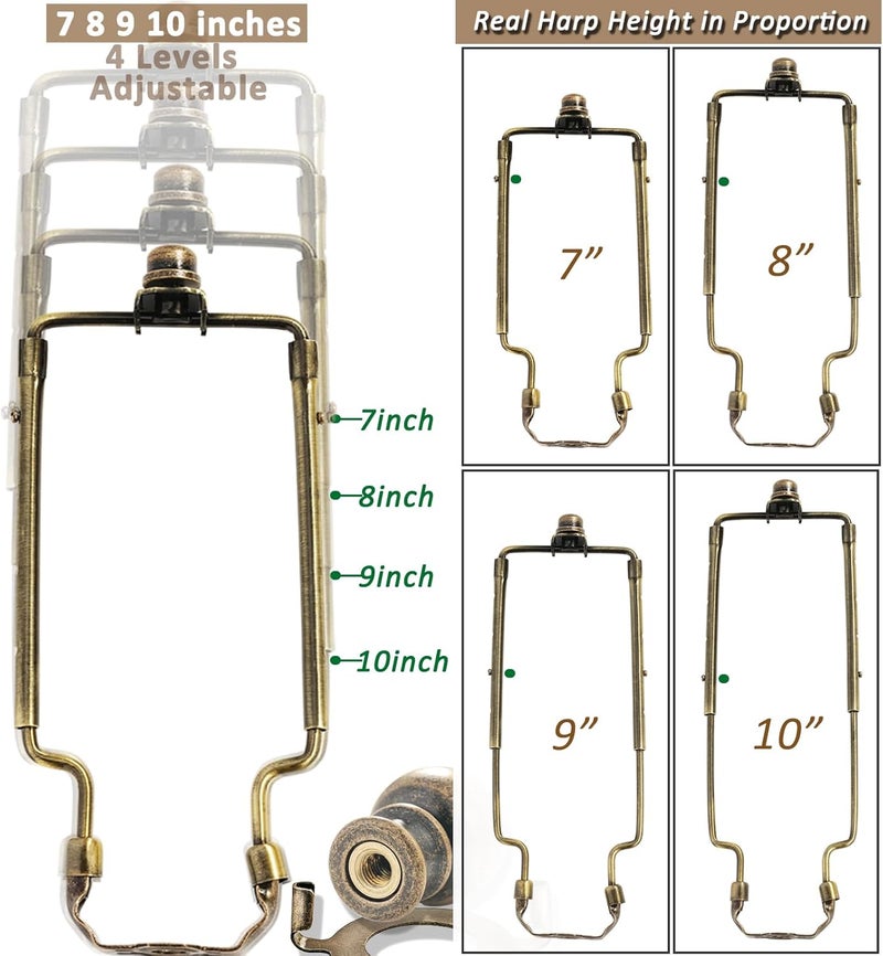 EMNOOTI 7 8 9 10 inch Lamp Shade Harp Holder,Adjustable Lamp Harp Kit,Fit Both Standard Lamp Rod and E26 Light Base UNO Fitter Adapter,with 2 Shade Attaching Finial Top (Bronze Color - 2 Set) - Image 2